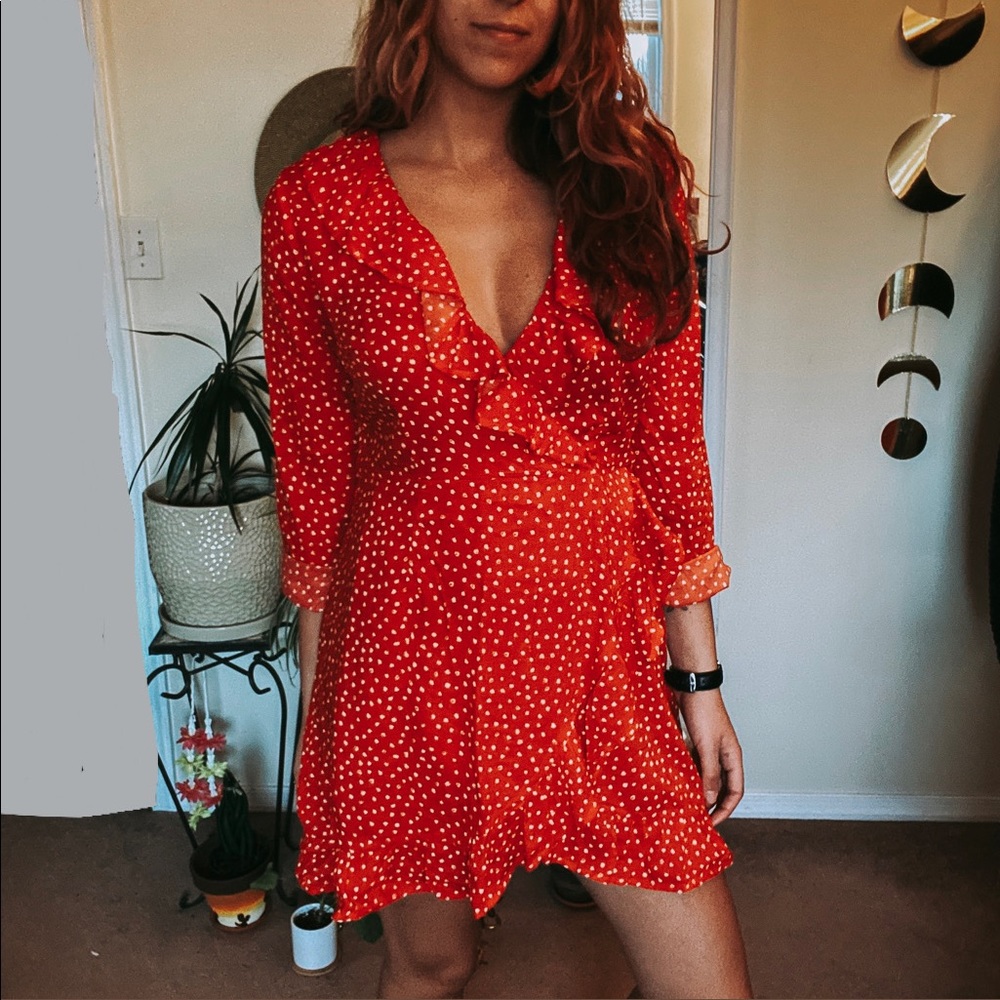 Red Polkadot Long Sleeve Ruffle Dress w/ V-Neck